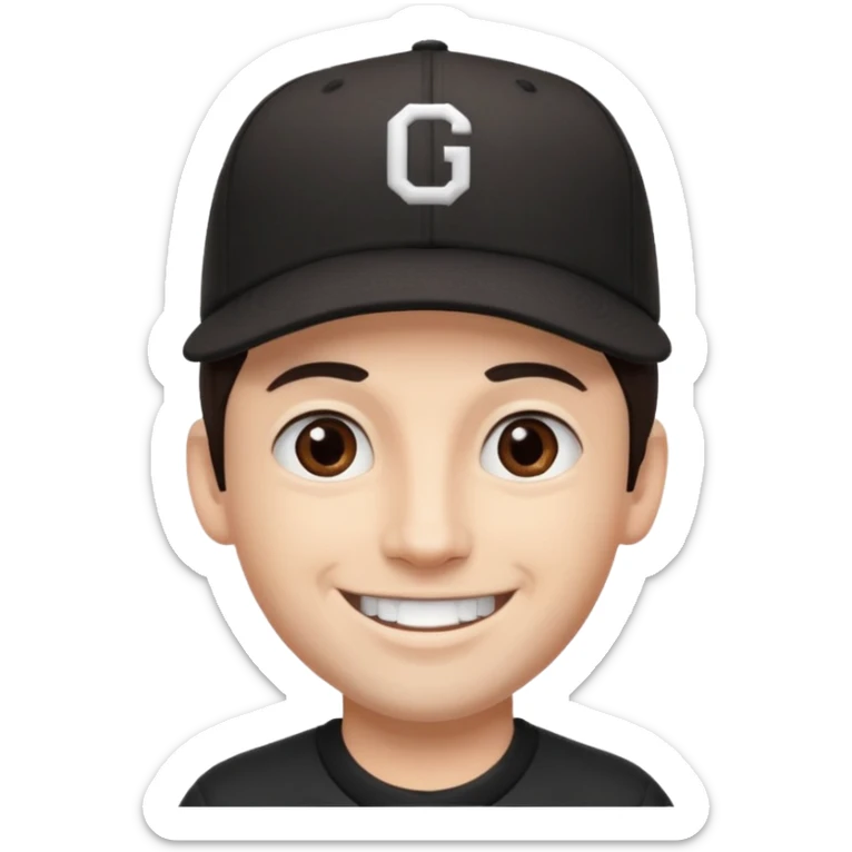 male, dark brown hair, dark brown eyes, fair skin, black baseball hat, no teeth sticker