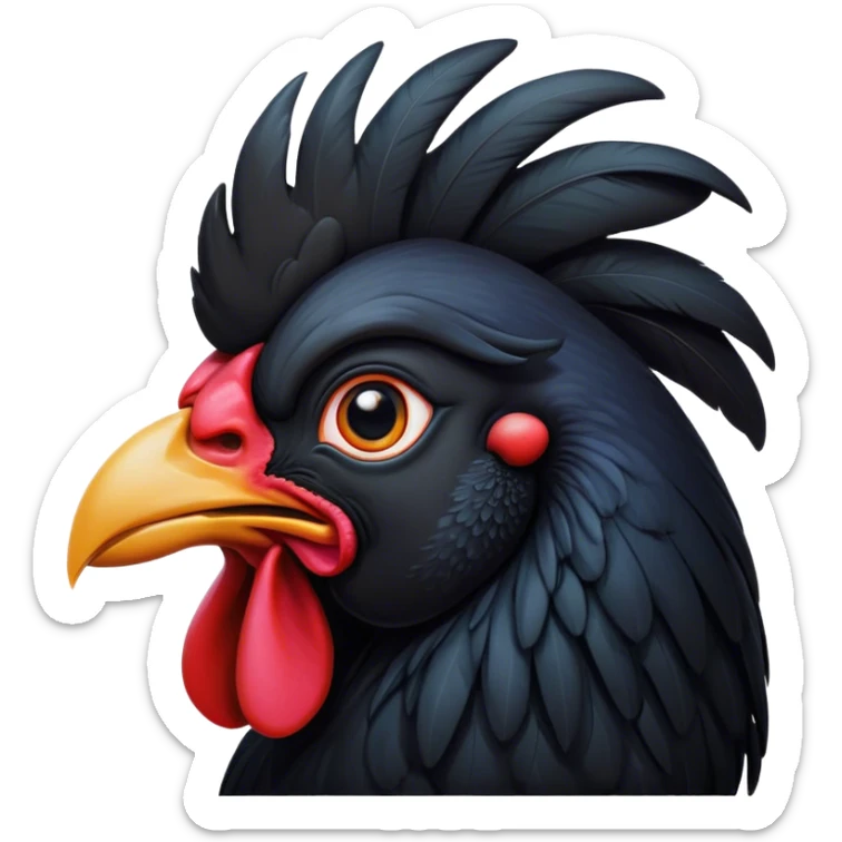 Cinematic Noble Black Rooster Portrait Emoji, Poised and regal, with a robust, commanding build and a sleek, well-groomed pure black plumage, deep-set soulful piercing eyes, Simplified yet sharp and sophisticated features, highly detailed, glowing with a soft, dignified glow, high shine, intelligent and proud, stylized with an air of mysterious majesty, focused and attentive, soft glowing outline, capturing the essence of a watchful and confident leader, so majestic it feels as though it could crow out of the screen with effortless authority! sticker