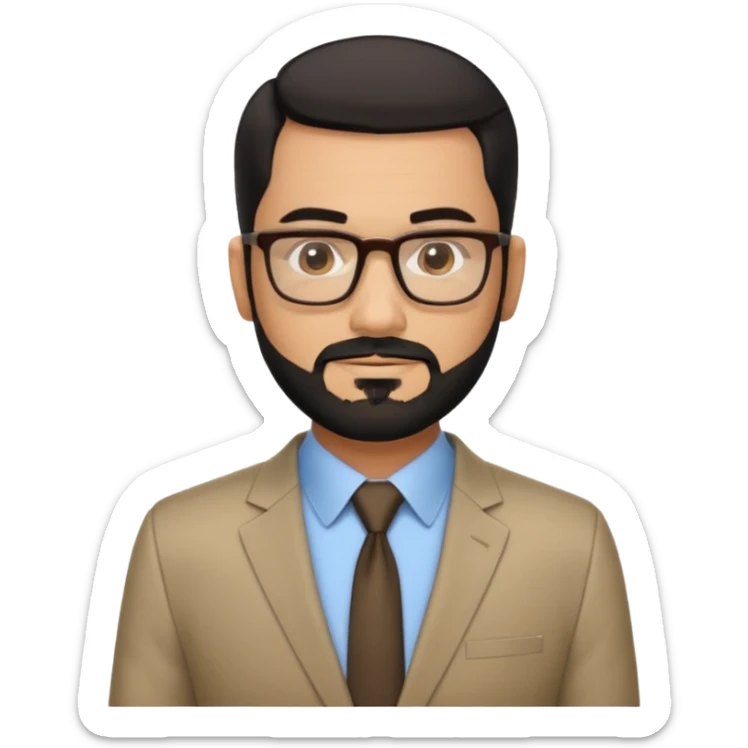 Attractive Hispanic TV host in his mid to late 40s with light brown skin, short straight black hair slicked back with fade on sides, square handsome face with strong jawline, friendly approachable expression, black beard, wearing glasses sticker
