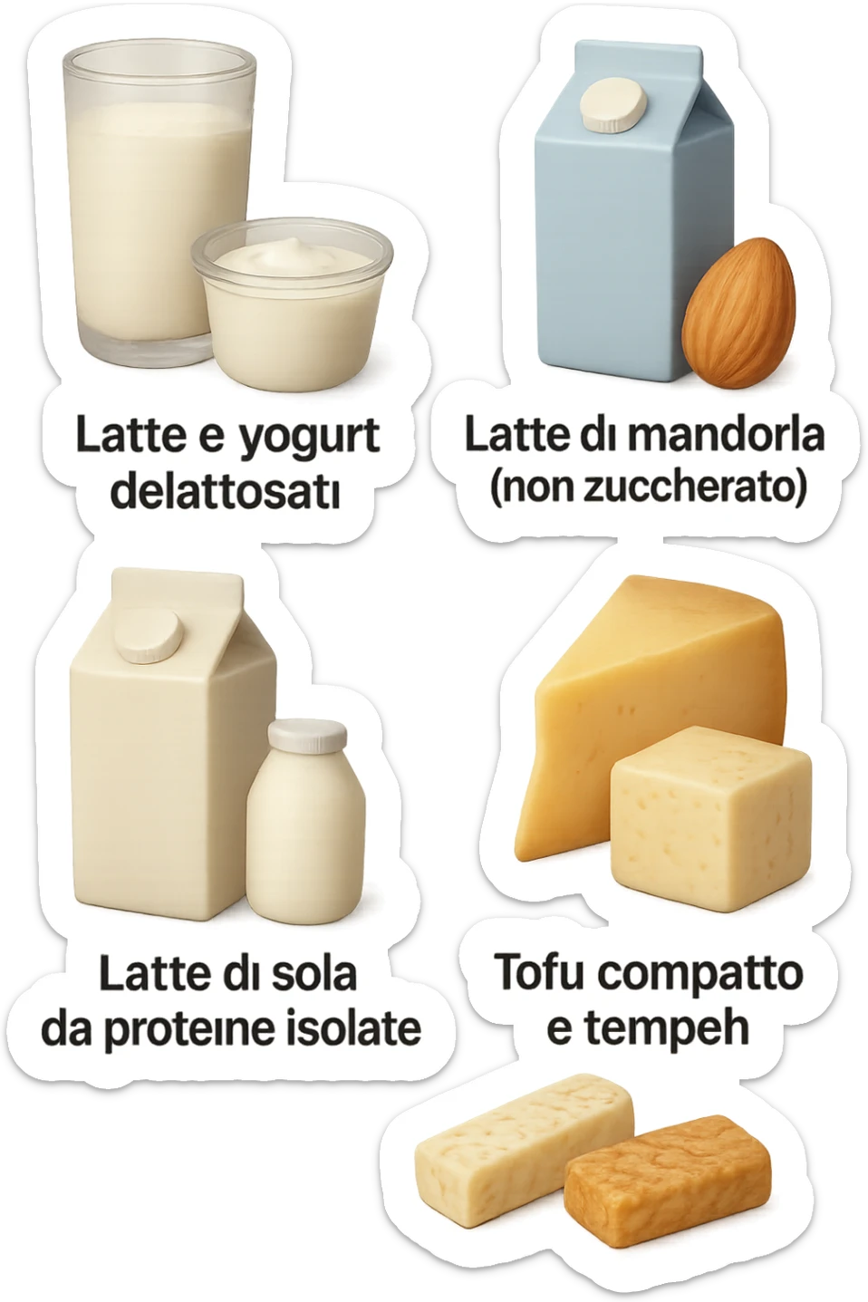 emoji stile iphone 3d di questi elementi che fluttuano in aria:

Latte e yogurt delattosati
Latte di mandorla (non zuccherato)
Latte di soia da proteine isolate
Formaggi stagionati (es. parmigiano)
Tofu compatto e tempeh
 che fluttuano in aria,  le etichette scrivile in italiano, iperealistico 4k sticker