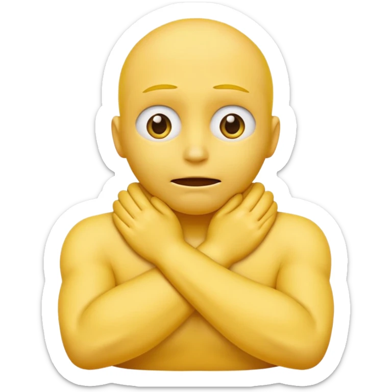 Yellow face emoji strangling itself with 2 arms crossed and hands saround neck and eyes looking up  sticker