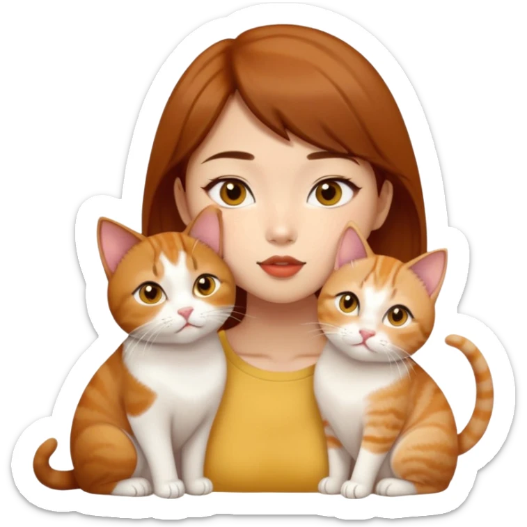 Asian girl, brown hair, brown eyes skin tone almond kissing three cats one ginger, one yellow white one British short hair cream colour sticker