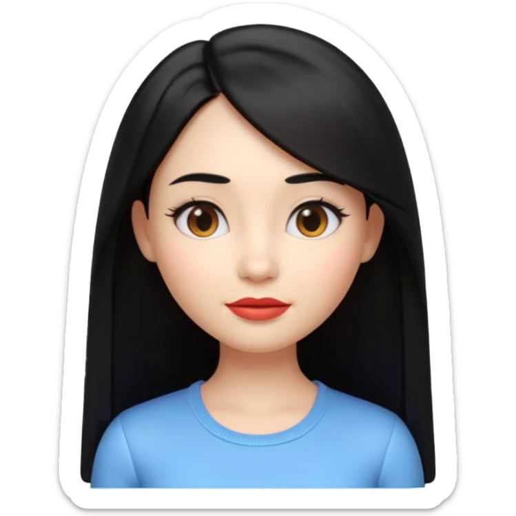 A cute 3D female emoji avatar, smooth skin, long straight black hair, glossy lips, soft lighting, minimal background, beauty branding style, high quality, Pixar style, front view, symmetrical face, clean and elegant sticker