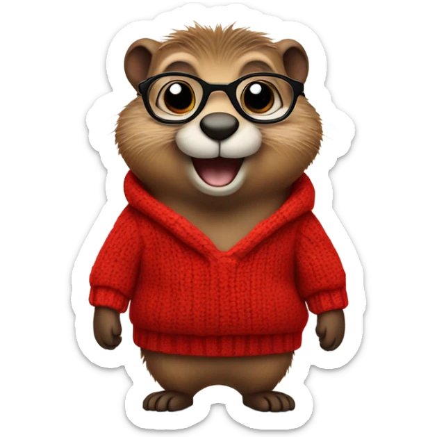 winking cute groundhog in a fully red sweater and glasses full body shown sticker