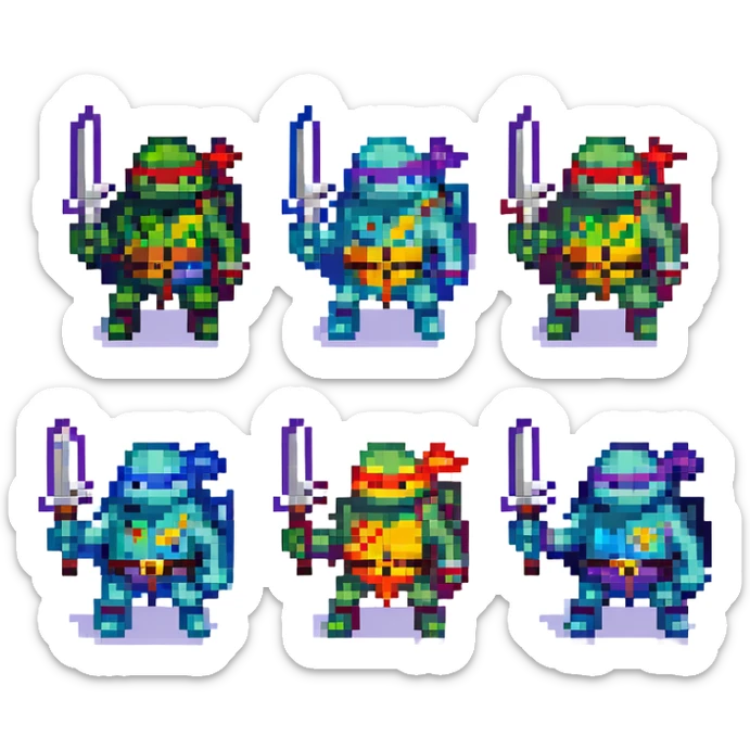 Teenage Mutant Ninja Turtles, pixel art style, retro video game look, each turtle with their weapon sticker