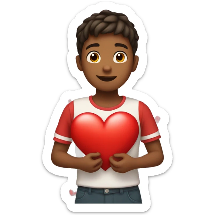 A boy who is holding the heart with lots of hearts around it  sticker