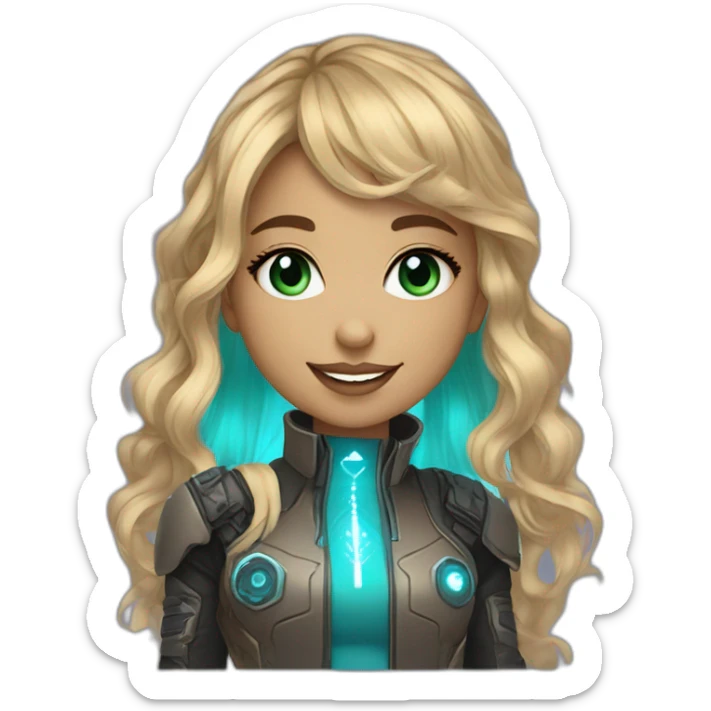 girl smiling with brown to blonde ombre wavy hair with bangs and greenish blue eyes wearing rhinestones next to eyes saying hi and wearing a cyberpunk outfit sticker