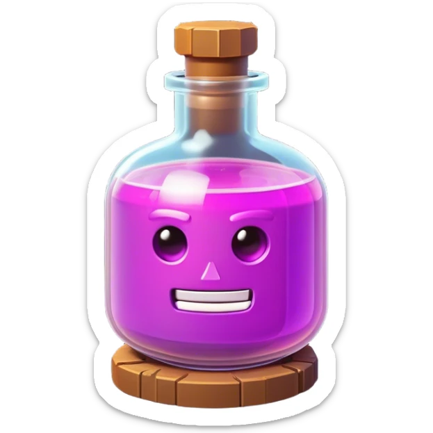Clash of Clans aesthetic: Cinematic Playful Pixel 3D Magic Potion Portrait Emoji, rendered in a 3D vector-style similar to standard emojis with minimal shading and bold, simplified shapes. A compact, distinct form with signature details, softly glowing with a pixelated adventure charm. Simplified yet unmistakably iconic, highly detailed and consistent, glowing with a soft radiance and high shine. Stylized with a touch of classic pixel-art charm and a soft glowing outline, capturing the essence of a beloved gaming relic with a friendly, playful manner! sticker