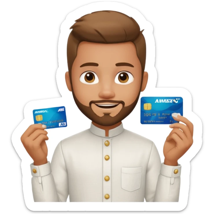 generate a pretty bratz boy wearing a white linen mandarin collar shirt with an amex card in hand. bearded sticker