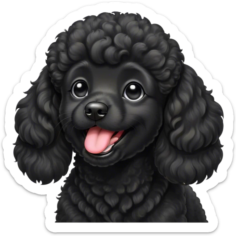 Cinematic Cute Yawning Black Poodle Portrait Emoji, Head tilted slightly with a dramatic, wide-open yawn, displaying a soft, curly jet-black Fur with a refined texture, floppy ears slightly drooping, round dark eyes barely open in drowsy contentment, Simplified yet irresistibly adorable features, highly detailed, glowing with a soft, cozy glow, high shine, relaxed yet expressive, stylized with a touch of whimsy, bright and endearing, soft glowing outline, capturing the essence of a sleepy yet affectionate companion, so drowsy it feels like it could stretch right out of the screen and curl up for a nap! sticker