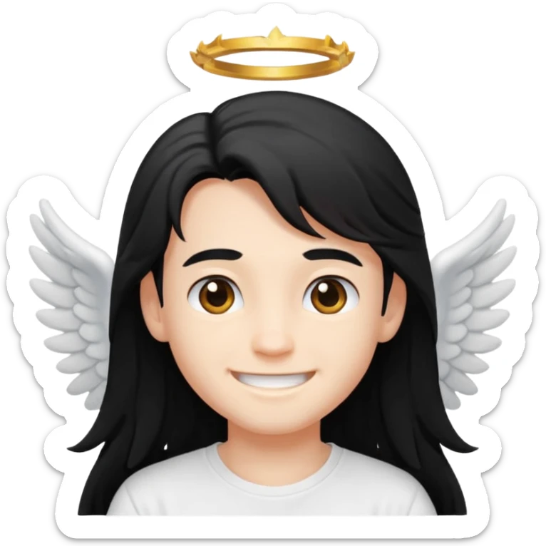 angelic boy with long black hair and a white t-shirt, smiling sticker