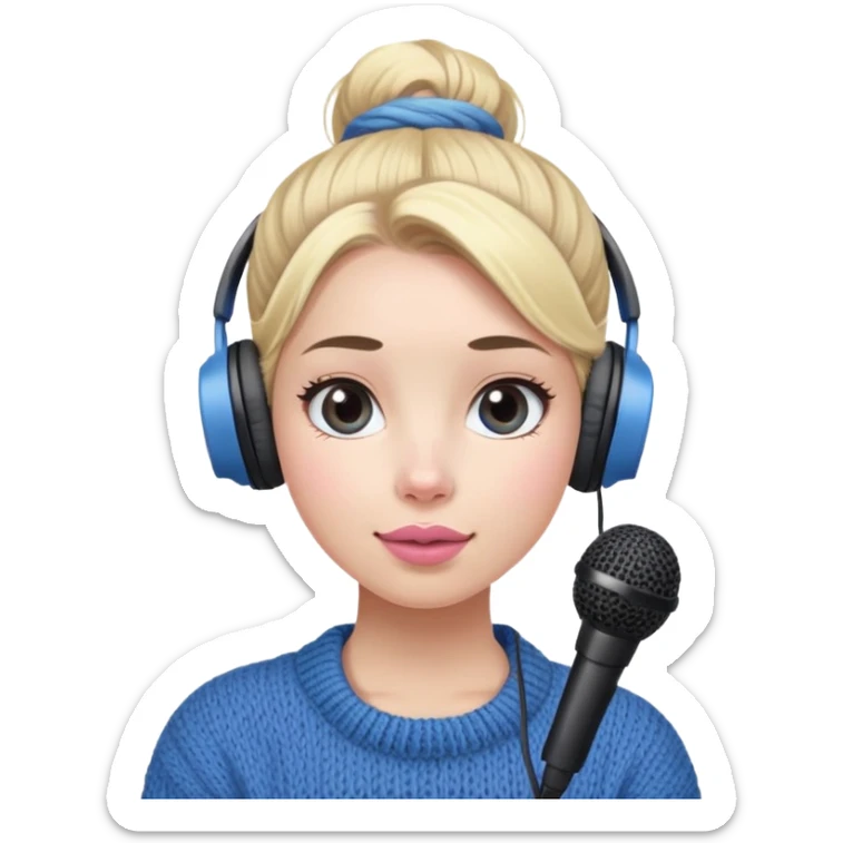 a cute face girl have bright white skin and natural pink lips with blue knitwear with a blonde one hair
bun and her job is a podcaster
(recording microphone in front of her
not held and a headphone in her head) sticker
