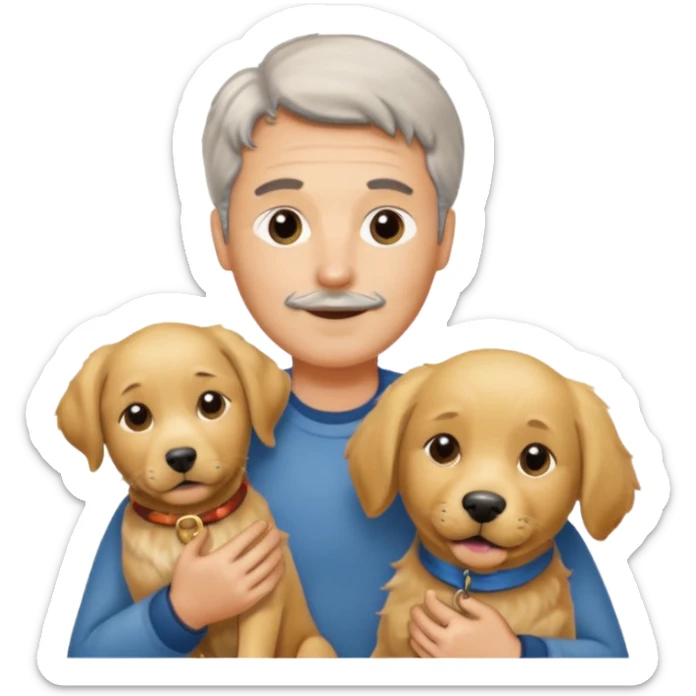 Italian man without any moustache with salt and pepper hair holding a golden retriever and a labrador  dog sticker