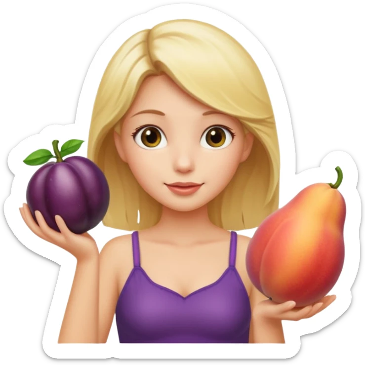 Blonde girl, holding up thicc peach in one hand, long eggplant in the other sticker