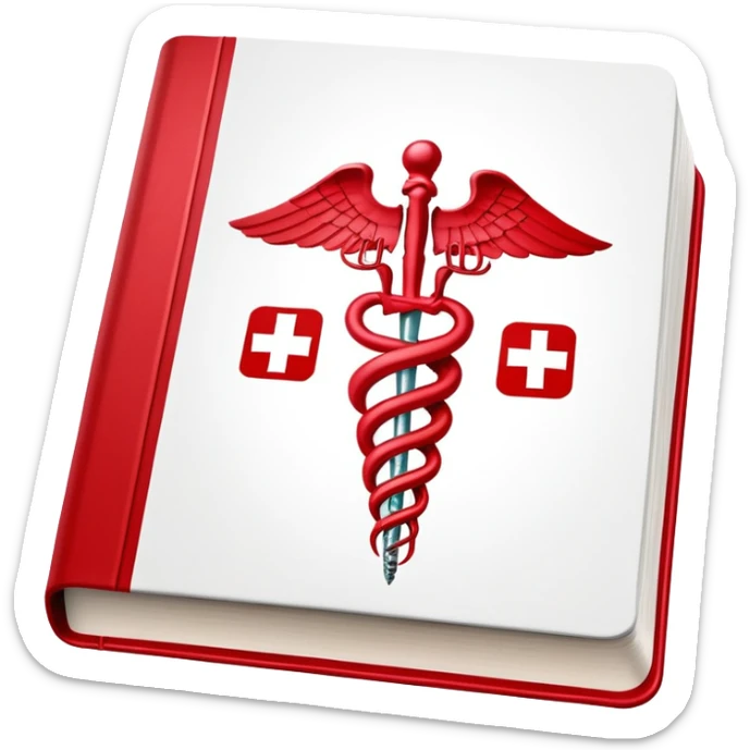 Medical textbook with red cover, caduceus symbol, open to a page showing anatomy sticker