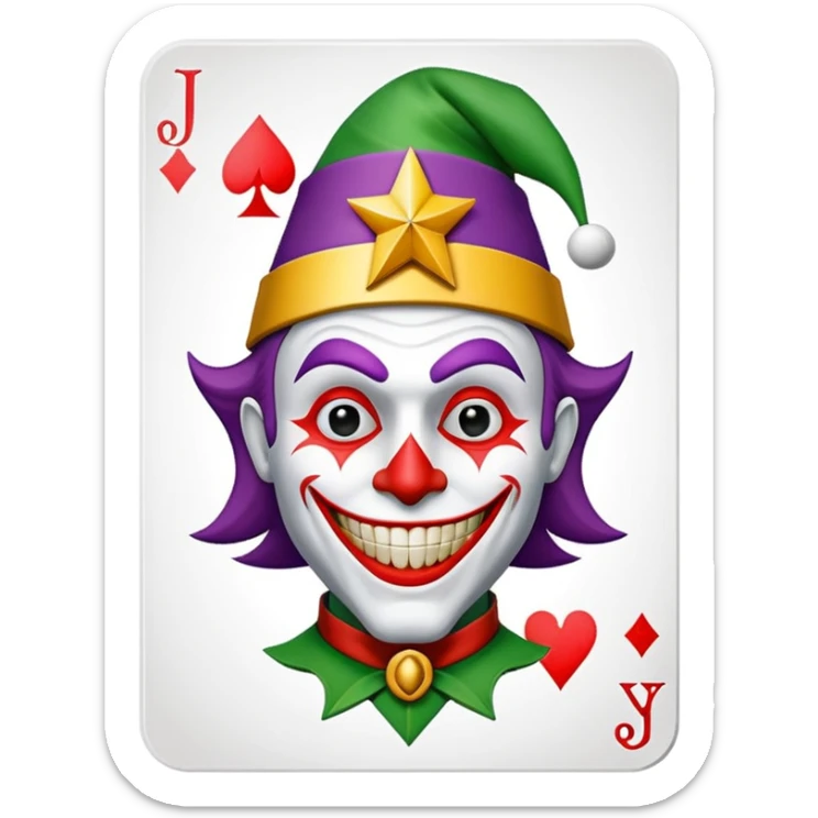 1 poker card, perfectly squared card, with crazy colorful human jolly joker inside, star symbol with a "J" sticker