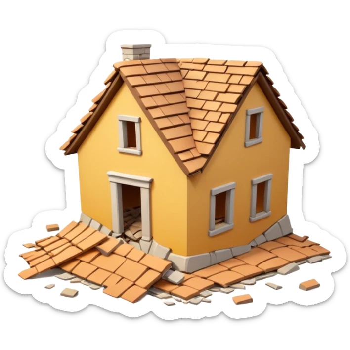 3D iPhone style emoji of a collapsed house, broken walls and roof pieces scattered, debris and ruins visible, isolated on white background, soft shadows, high detail, playful and cute. sticker