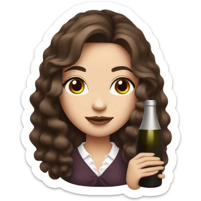rich girl with white skin, long brown hair, dark eyes, with makeup, with wine sticker
