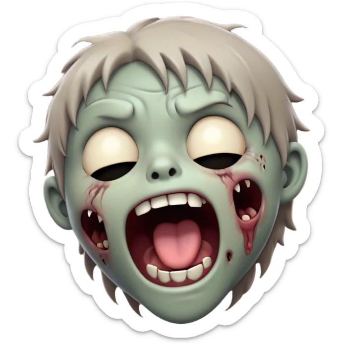 Cinematic Cute Yawning Zombie Portrait Emoji, with a delightfully quirky, slightly disheveled face in muted ashen tones, head tilted back in a big, funny yawn that reveals quirky stitches and playful gaps, simplified yet irresistibly charming, highly detailed with a soft, eerie glowing outline capturing the sleepy, offbeat vibe of a zombie taking a nap! sticker