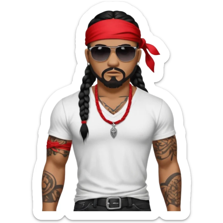 Samoan male. Chin goatee.
XL loose fitting white t-shirt. 
Red bandana. 
Red
Black jeans. 
long black braided hair.
very muscular.
More tattoos. 
Tough and menacing. 
Gangster sunglasses. sticker