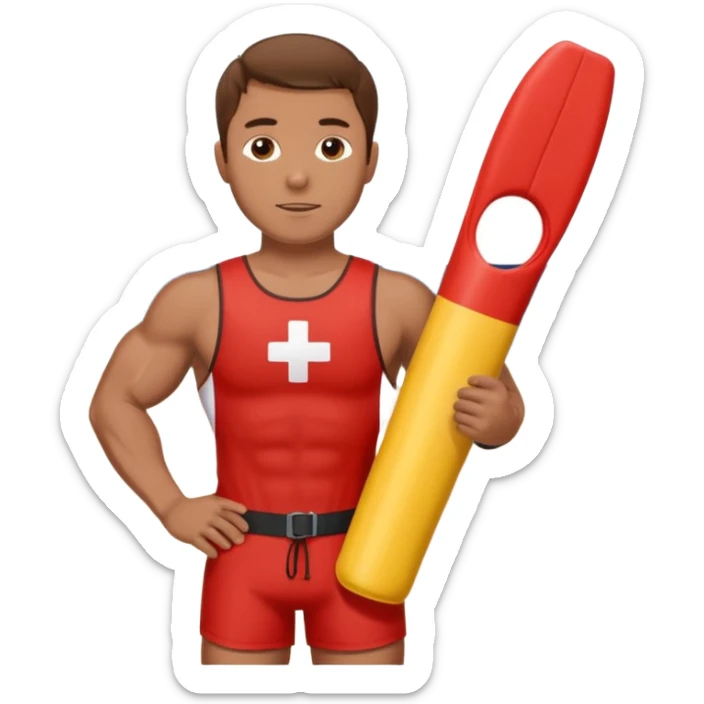 Muscular lifeguard man on beach with rescue tube brown hair sticker