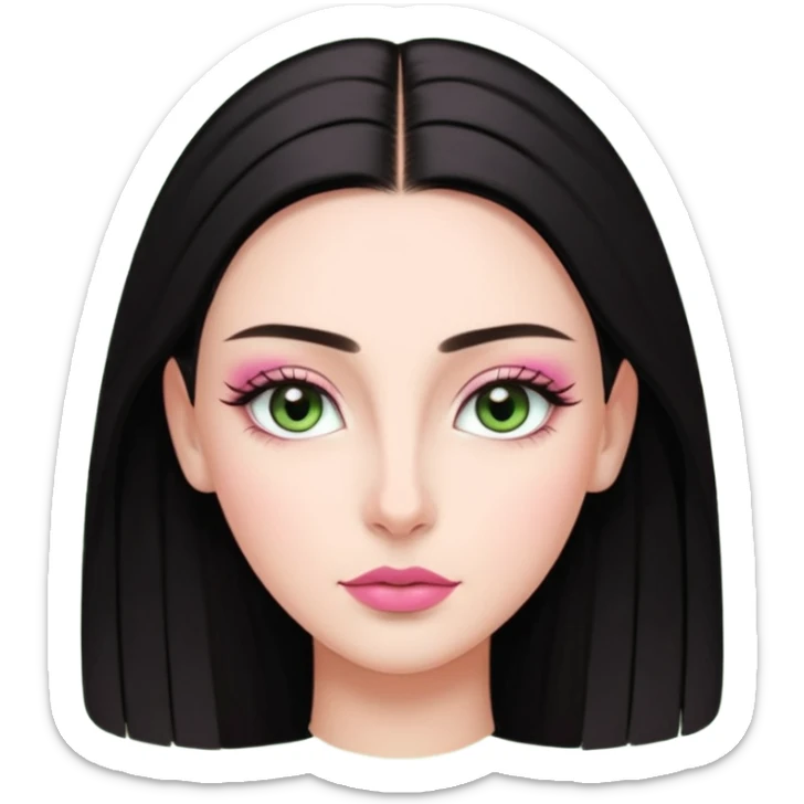 Front-facing portrait of a young woman with fair glowing skin, symmetrical features, light green almond-shaped eyes, long lashes, soft arched brows, straight refined nose, and full natural pink lips. Dark sleek hair pulled back with a middle part.  sticker