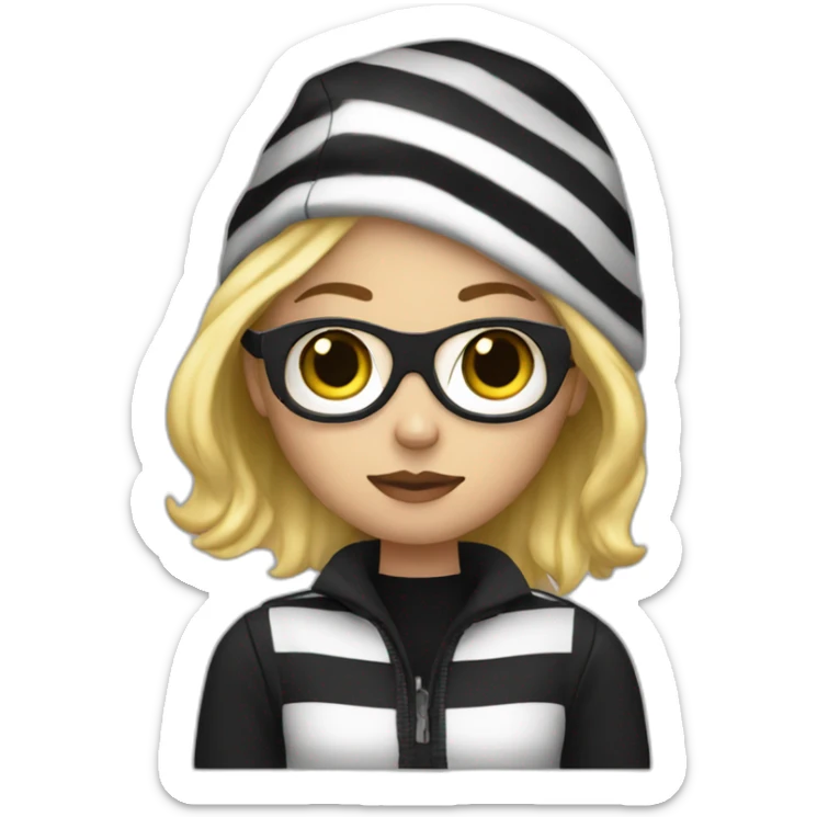 bank robber blonde woman with black beanie hat eye mask and striped shirt sticker