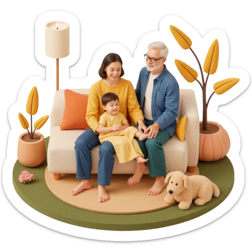 family photo featuring a multigenerational group with grandparents, parents, and child, lifelike details, warm inviting background, skeuomorphism style sticker