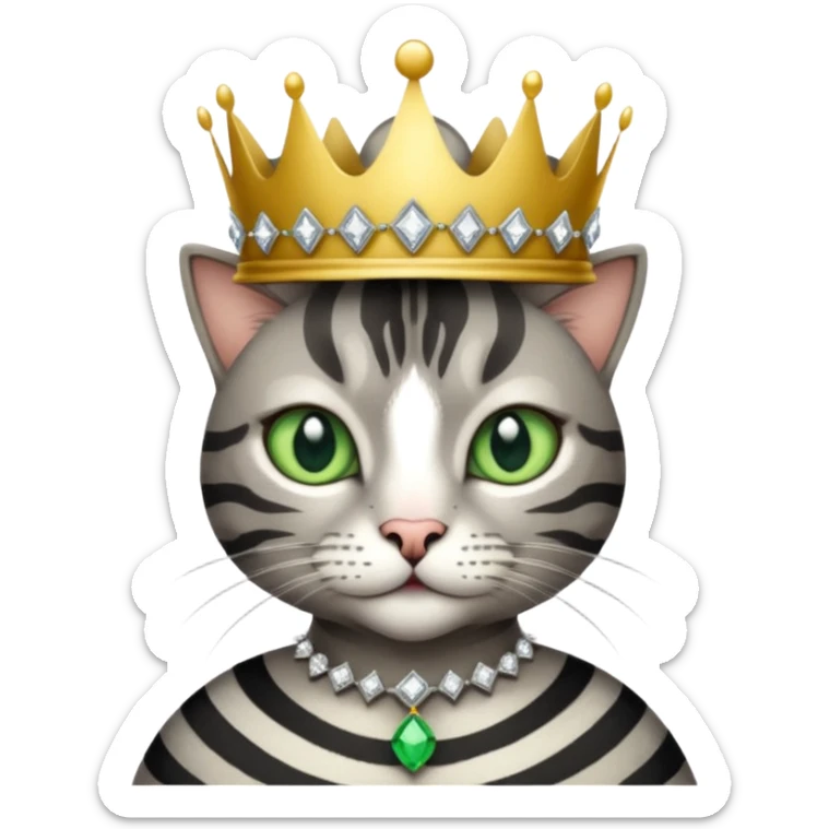 Gatito gris con rayas negras ojos verdes vestida de reina con coronas y diamantes sticker