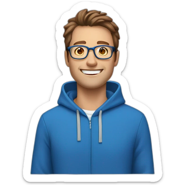 white man with brown hair and hazel eyes and glasses wearing blue hoodie feeling excited sticker