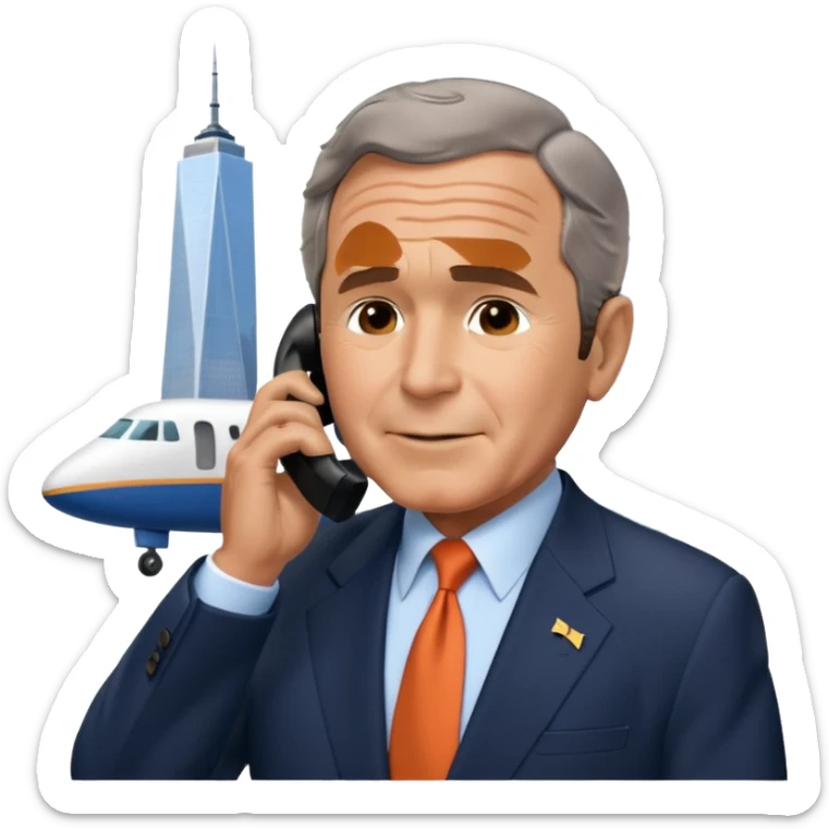  emoji of the world trade center with a plane crashed into it and george bush on a phone in front of them sticker