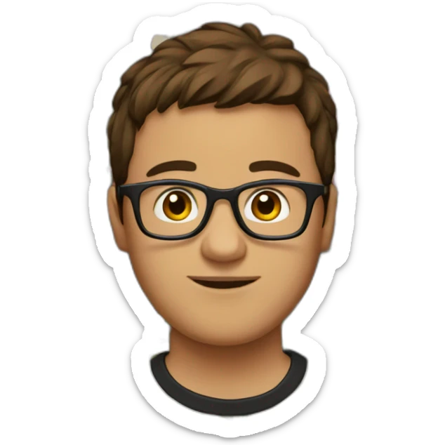 brown hair guy wearing glasses and dark t-shirt with flowers print sticker