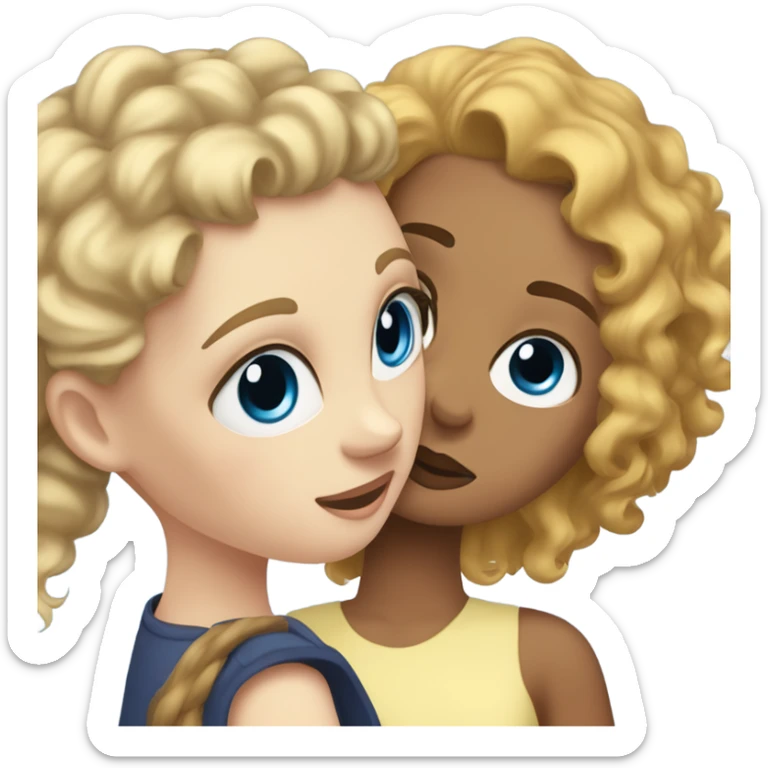 White girl with wavy blonde hair and blue eye hugging a mixed girl with a curly ponytail and hazel eyes sticker