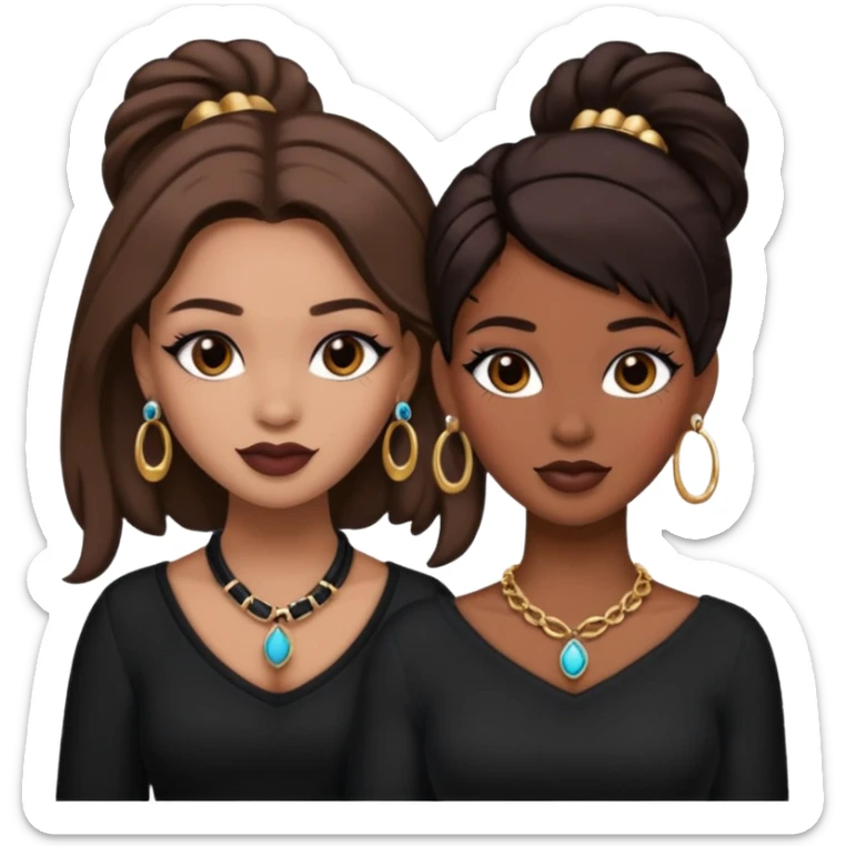 Boujy baddie best friends, trendy heavy makeup both dark hair one light skinned and one mocha brown pretty hair style both wearing black and earrings and necklace one mocha brown skin sticker