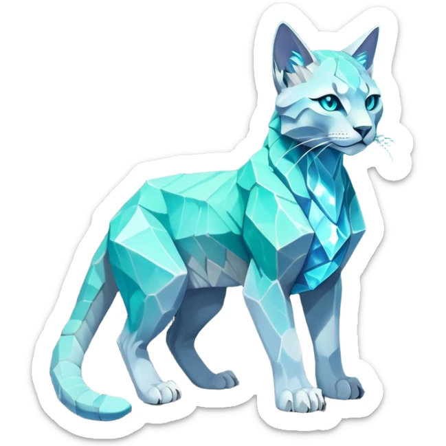 This fascinating hybrid creature combines the rocky ferocity of Boulderbite with the mystical elegance of Etherfeline. The result is a creature with a core body composed of angular, faceted stones in varying shades of turquoise and gray. From the cracks between these stones emanates a soft blue ethereal glow. It has the general shape of a feline, but with crystalline rock formations creating its limbs and body. Its large, expressive eyes feature purple irises with amber outer rings, giving it a hypnotic gaze. The creature sports pointed ears lined with purple crystal formations, and a tuft of blue flame-like energy flows from its head and along its spine. Its tail is a flexible chain of smaller rocks wrapped in the same ethereal blue energy. When it opens its mouth, sharp crystalline teeth are revealed, though its expression is more mysterious than threatening. Small whisker-like energy tendrils extend from its muzzle, occasionally emitting tiny ice crystals. full body sticker