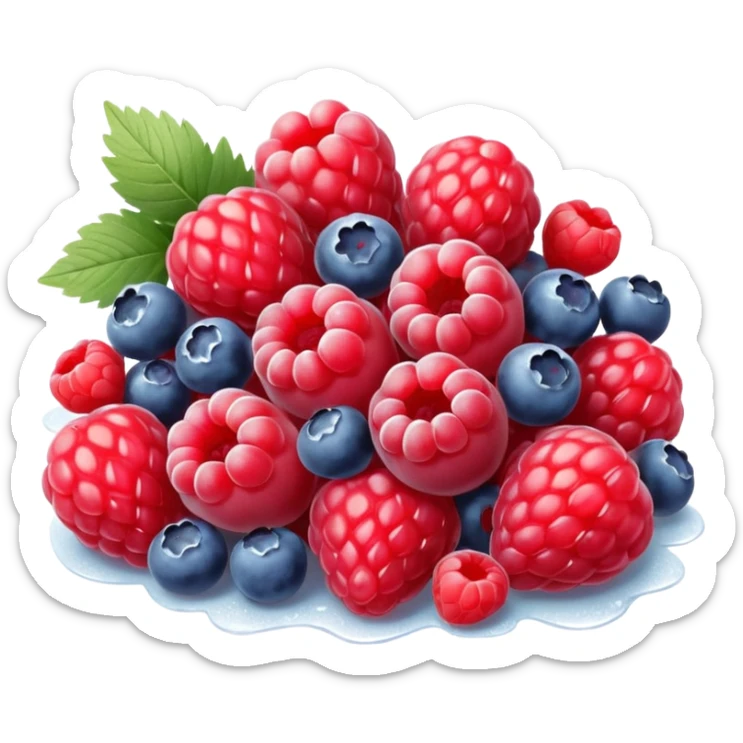 small mix of whole frozen berries including raspberries, strawberries, blueberries, redcurrants, coated with a light frost layer, slightly muted colors and icy sparkle, loosely clustered or lightly scattered, no bag, bowl, or garnish, just the fruits, soft lighting, subtle shadows, emoji scale sticker