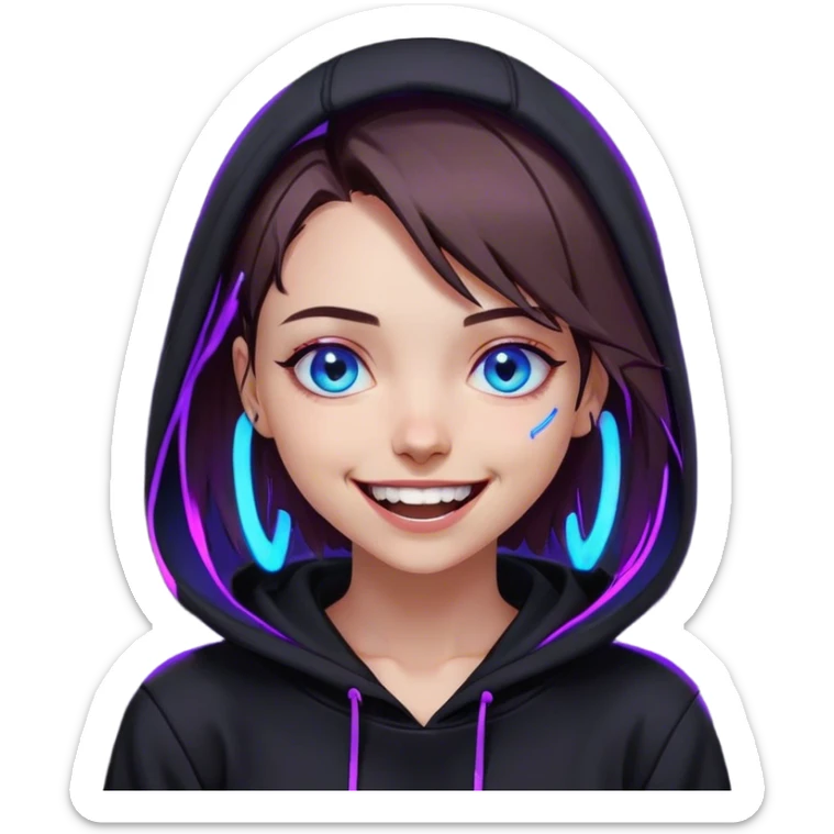 a girl with a brown bob and blue eyes in a black hoodie laughs and holds her head Cyberpunk style. Violet neon. sticker