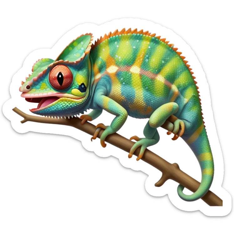 cinematic cute -chameleon-realistic emoji, mouth wide open with tongue out catching prey, -blending-with-vibrant-greenery.-detailed-scales-in-shifting-colors,-showing-the-chameleon’s-ability-to-camouflage.-soft-natural-light-highlights-its-texture.-light-background, zoomed into its face sticker