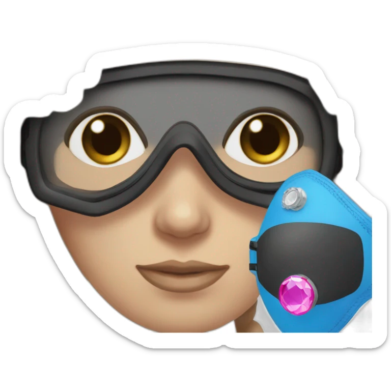 woman large brown and straight hair, pink diving mask with a single crystal. blue eyes, black scubadiving gear sticker
