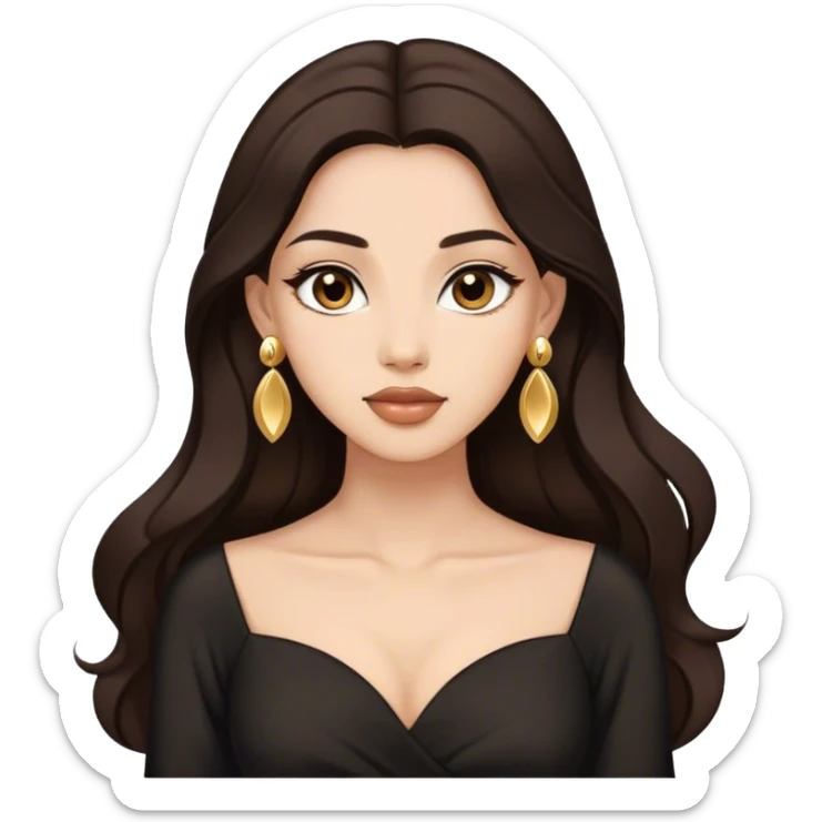 Beautiful woman,cute, long dark brown hair in dark dress with gold earrings sticker