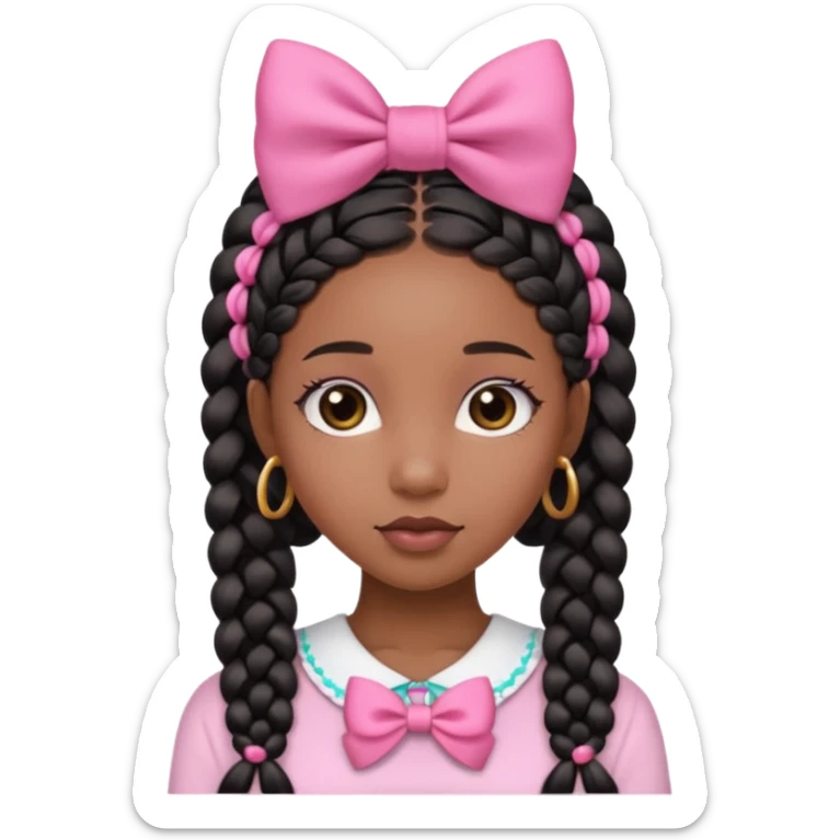 a cute black girl with long goddess braids and a cute pink bow on her head  sticker