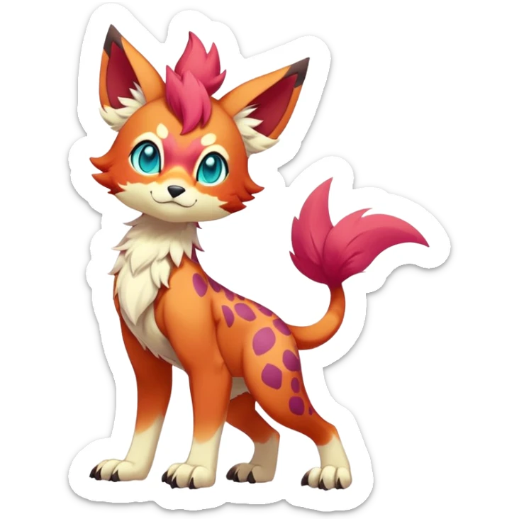 Male bright-colored multi-colored cute cool exotic anime-styled Falvie-Fionbri-fantasy-creature-fursona-Fakémon-Pokémon, full body, with markings sticker