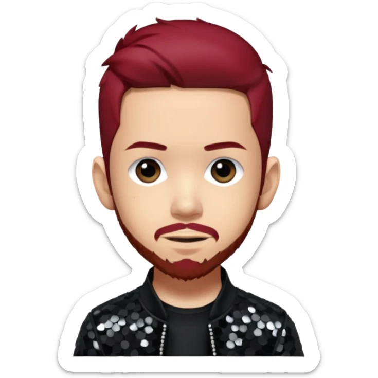 Mike Shinoda from Linkin Park with dark red hair, black sequin outfit sticker