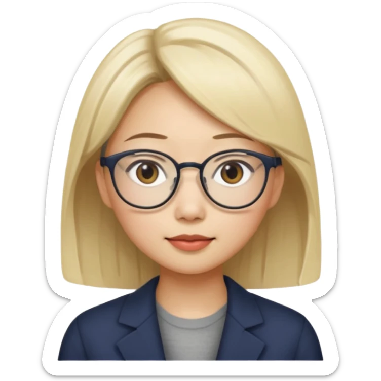 asian looking female with slight blonde hair a little longer  with eye glasses, fair complexion not that pointed nose but slighty little eye please sticker
