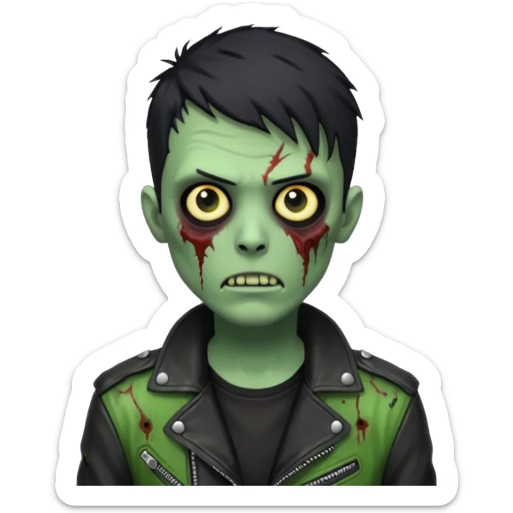 Hombre zombie de piel verde con chaqueta de cuero punk, pelo corto negro sticker