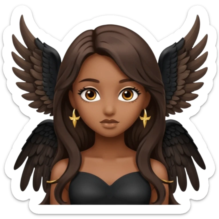 A girl has brown eyes with smoky eyes, brown long glam hair, wearing big black angel wings sticker