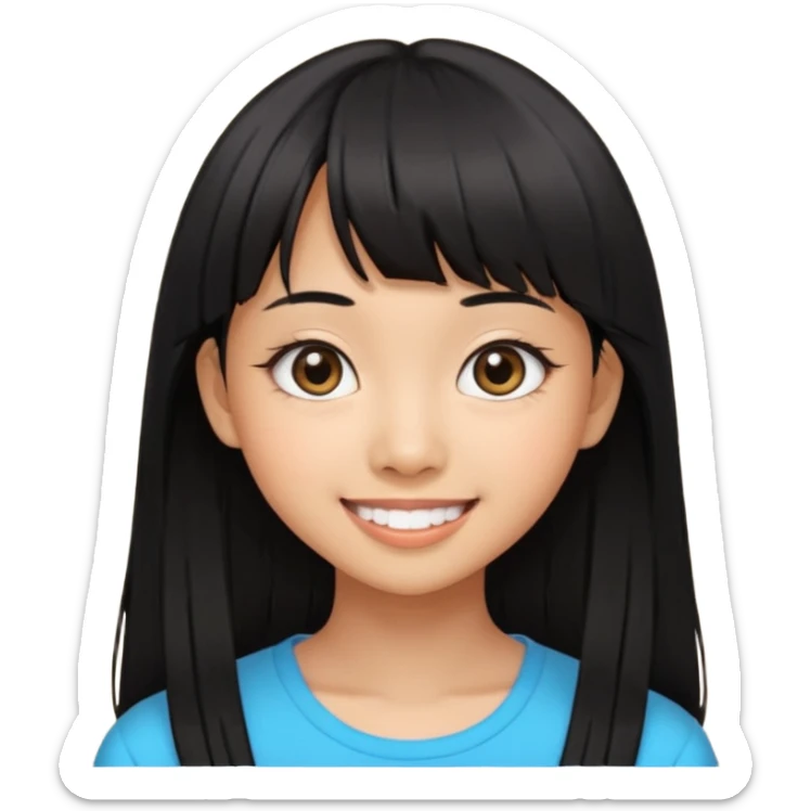 20 yr old asian woman hair  center part big eyes big smile tanned skin straight black hair center part hair long bangs sticker