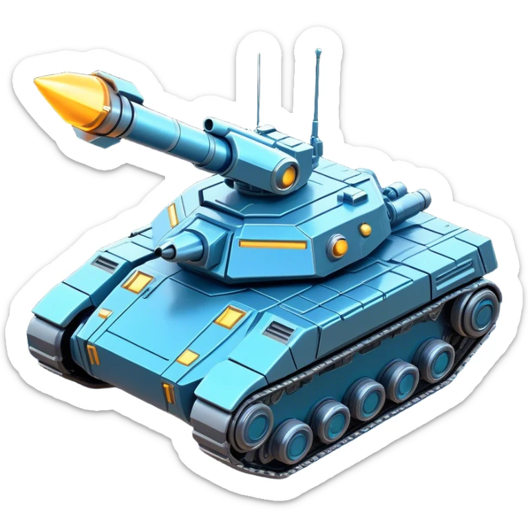 Clash of Clans aesthetic: Cinematic Playful Space Tank Emoji, rendered in a 3D vector-style similar to standard emojis with minimal shading and bold, simplified shapes. A robust, isometric armored vehicle with sleek futuristic plating and energy cannons, softly glowing with a high-tech cosmic combat charm. Simplified yet unmistakably iconic, highly detailed and consistent, glowing with a soft radiant shine and high gloss. Stylized with a touch of intergalactic warfare and a soft glowing outline, capturing the essence of a futuristic battle machine with a friendly, playful spirit! sticker