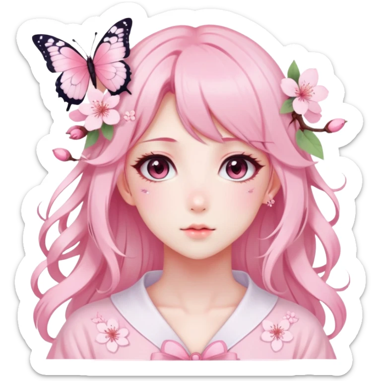 A Gorgeous Beautiful Anime Lady Sakura Cherry Blossom and Pretty Hair, pastelcore aesthetic, pastel pink and white, butterfly, Fairycore sticker