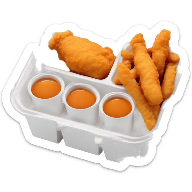3 chicken tenders with crinkle fries and orange sauce on the side in a styrofoam container styrofoam container sticker